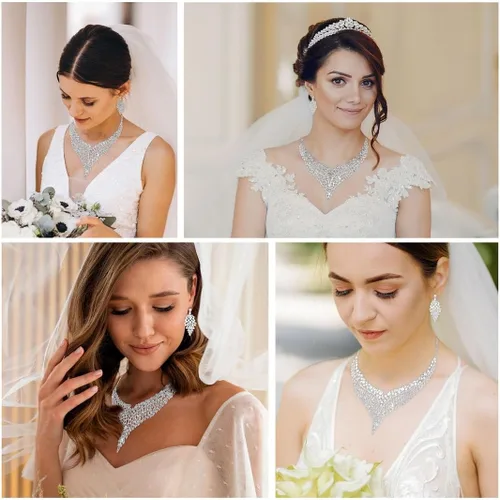 Vista 2 de Costume Jewelry Set for Women - Wedding Jewelry Sets for Brides Bridal Jewelry Set for Wedding - Crystal Statement Necklace and Earrings Set