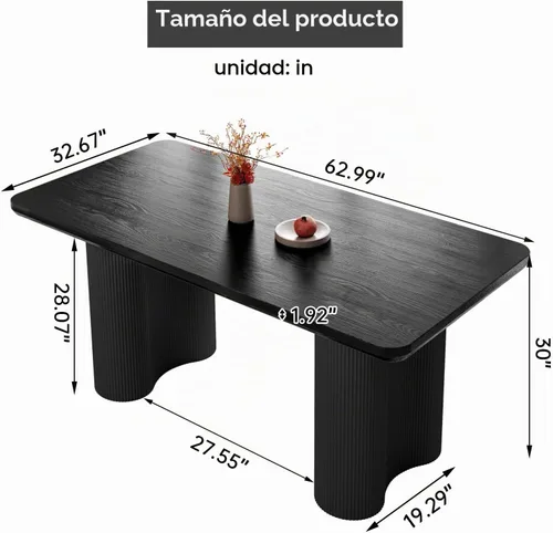Vista 2 de Mesa de comedor rectangular moderna de 62.99 pulgadas para 4-6, mesa de cocina negra de mediados de siglo con patas onduladas y parte superior