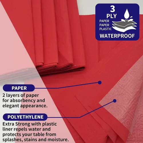 Vista 3 de Paquete de 6 manteles de papel, color rojo, paquete de 6 unidades, azul, papel de 3 capas y plástico, 54 x 108 pulgadas, mantel rectangular