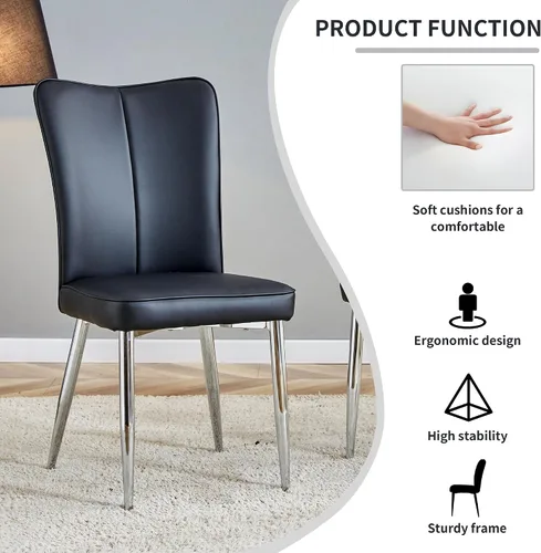Vista 5 de Set of 4 Modern Minimalist Dining Chairs -Black PU Leather Sofa-Style Seating, Curved Backrest+ Seat Cushions,Silver Electroplated Metal