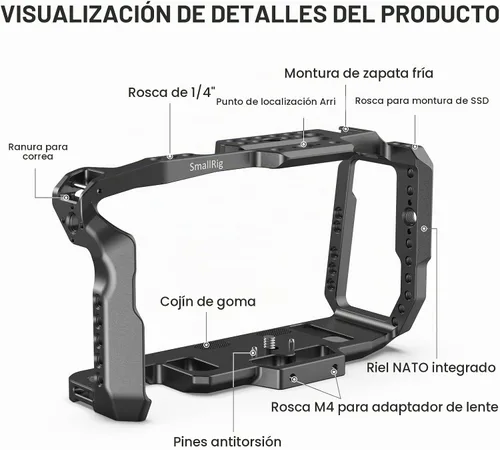 Vista 2 de SmallRig Jaula BMPCC 4K y 6K para Blackmagic con zapata fría, riel OTAN