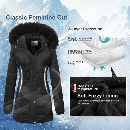 Vista 4 de Chrisuno Abrigo de invierno cálido para mujer, chaqueta acolchada de terciopelo con capucha de piel sintética acolchada