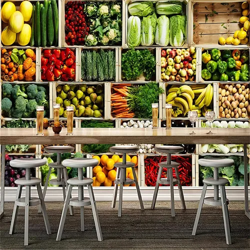 Vista 2 de Papel tapiz fotográfico 3D de frutas y verduras, ingredientes frescos para restaurante y supermercado, papel pintado mural de pared para sala