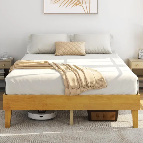 Vista 10 de Yaheetech Base de cama matrimonial con plataforma de madera maciza natural con soporte de listones de madera, espacio debajo de la cama de 12 Madera