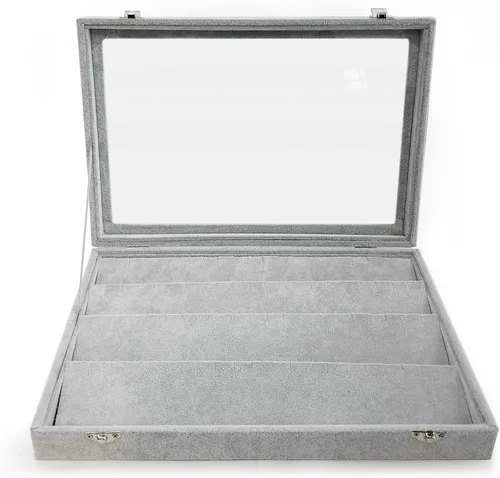 Vista 2 de Organizador de almacenamiento de pendientes de terciopelo de hielo con tapa transparente grande, caja de joyería, soporte para aretes, vitrina gris