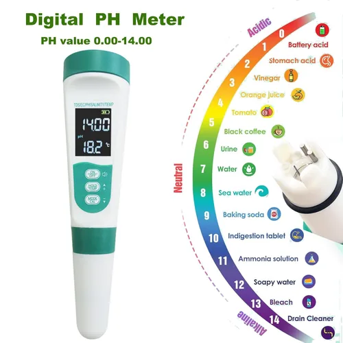 Vista 3 de Medidor digital de pH, probador de agua rápido 5 en 1 para pH/EC/TDS/salinidad/temperatura 0.01pH de alta precisión Probador de pH impermeable