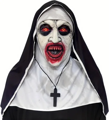 Vista 9 de Máscara de látex aterradora de monja de terror para fiesta de Halloween, disfraz de cabeza completa, máscara espeluznante con collar de cruz
