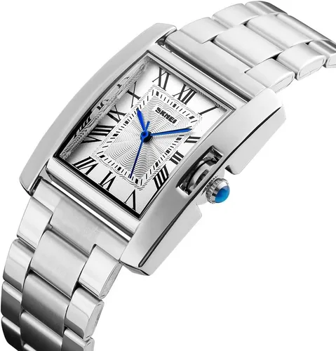 Vista 8 de Mujer reloj rectángulo vidrio oro rosa impermeable de acero inoxidable cuarzo analógico números romanos reloj