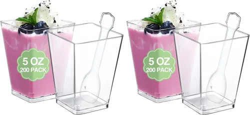 Vista 16 de SHOPDAY Vasos de postre de plástico de 5 oz: paquete de 30 vasos cuadrados transparentes con cucharas, pequeños vasos de parfait, mini vasos