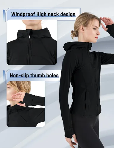 Vista 3 de CHAMWEY Chaquetas para correr para mujer, ajuste delgado, resistente al viento, agujeros para el pulgar, bolsillos con cremallera completa