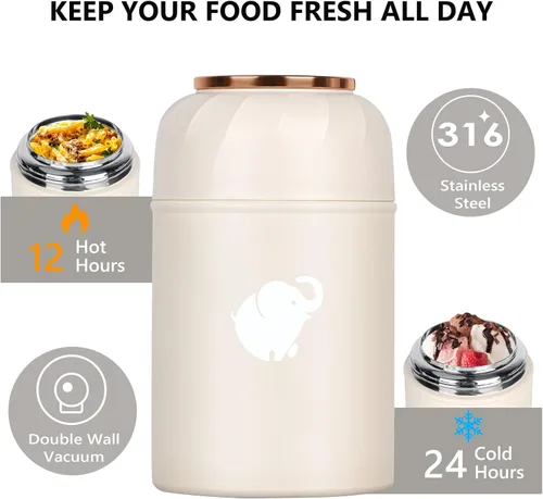 Vista 2 de HOUSETEC Termo para comida caliente – Contenedor de alimentos aislado con tenedor y cuchara plegable, termo de alimentos a prueba de fugas, termo