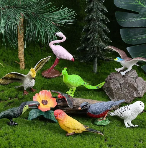 Vista 3 de Juego de 30 figuras de animales pájaros, surtido de juguetes realistas de vida silvestre con huevos de nido, loro, búho, águila, colibrí, flamenco
