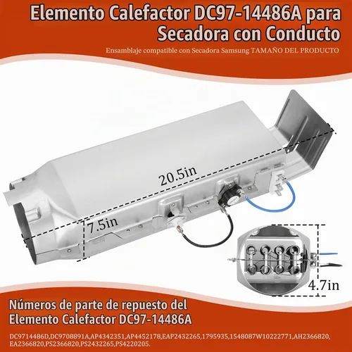 Vista 3 de DC97-14486A Reemplazo del elemento calefactor para secadora Samsung dv40j3000ew/a2 dv45h7000ew/a2 dv42h5000ew/a3 dv42h5200ep/a3 dv42h5200ew/a3