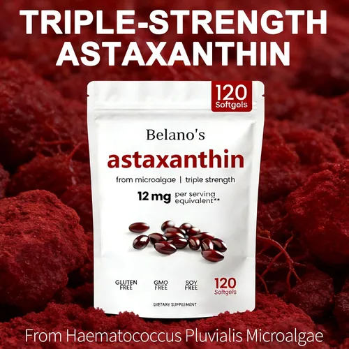 Vista 2 de Belano's Astaxantina 12 mg, cápsulas blandas de astaxantina, suplemento antioxidante premium de astaxantina Apoyo de salud y energía, sin OMG