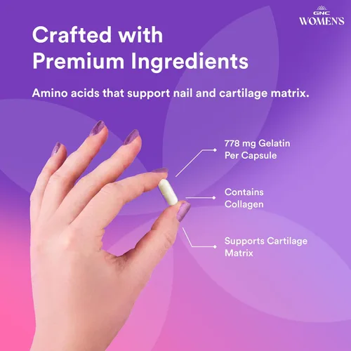 Vista 4 de GNC Suplemento de gelatina para mujer, apoya la salud del cabello, la piel y las uñas, fuente natural de colágeno, 60 cápsulas
