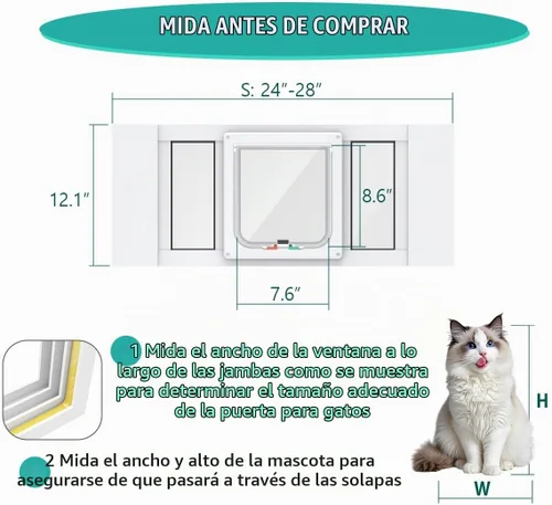 Vista 2 de Puerta de gato de aluminio para ventanas, ajustable para adaptarse a un ancho de ventana de 24 a 28 pulgadas, inserto de ventana de puerta de gato