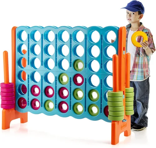 Vista 12 de HONEY JOY Juego gigante gigante de 4 a punta, juegos gigantes para patio al aire libre para la familia, 42 anillos jumbo y deslizador de liberación