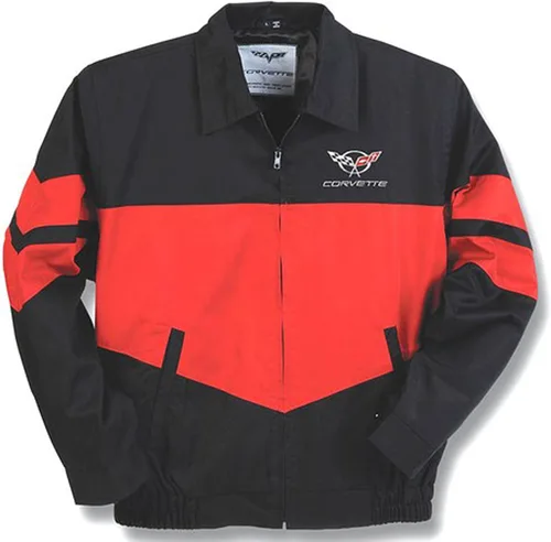 Vista 2 de Corvette C5Emblema bombardero chamarra rojo y negro de sarga