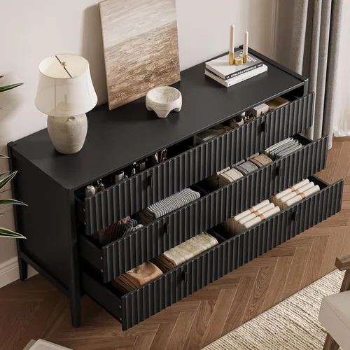 Vista 3 de Cómoda negra de 6 cajones para dormitorio, cómoda de madera moderna, cómoda doble de diseño acanalado con patas de madera, mueble de almacenamiento