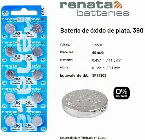 Vista 2 de Renata 390 SR1130SW Baterías – 1.55 V Óxido de Plata 390 Batería de reloj (2 unidades)
