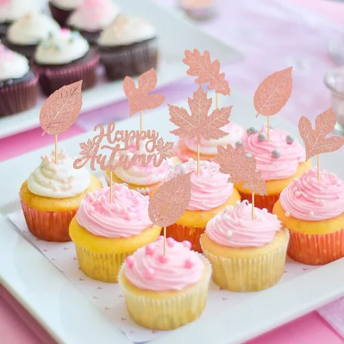 Vista 5 de Ercadio Paquete de 30 adornos para cupcakes de hojas de arce de otoño con purpurina de oro rosa y hojas de arce para decoración de otoño, cosecha