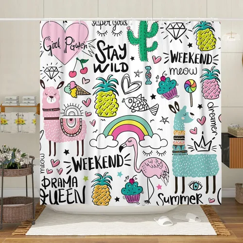Vista 9 de Cortina de ducha náutica para niños, azul bohemio, océano, tiburón, abstracto, dibujos animados, decoración de baño, con cortinas de ducha de tela