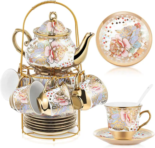 Vista 23 de Zhehao Juego de té de porcelana de 20 piezas con soporte de metal y cuchara para adultos, juego de té de cerámica para adultos, pintura de flores