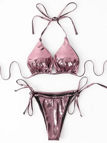Vista 3 de WDIRARA Traje de baño metálico de 3 piezas para mujer con falda de playa