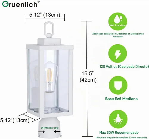 Vista 4 de GRUENLICH Outdoor Post Light Fixture, Tempered Glass, 16.5" White 1 Pack Blanco