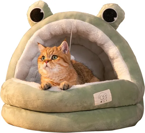 Vista 8 de Bonita cama para gatos, cama interior para gatos con cojín extraíble, casa de campaña de felpa para mascotas, diseño de orejas de dibujos animados