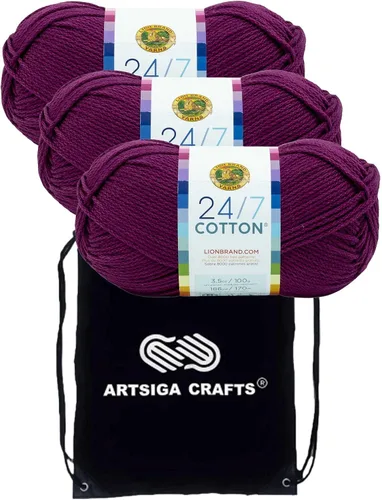 Vista 33 de Lion Brand 24/7 Algodón Blanco 761-100 (6-Carrillos - Mismo Lote de Tinta) Hila Gruesa Media #4 de Algodón para Crochet y Tejido con Bolsa