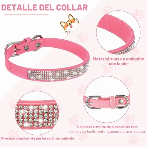 Vista 3 de Frienda 2 collares de perro con diamantes de imitación rosas con diamantes brillantes, ajustables, de piel sintética suave, con patrón de flores