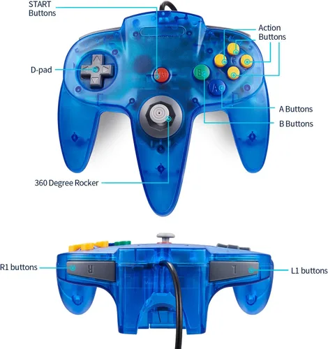 Vista 3 de KIWITATA Classic N64 Controller, Retro N64 Wired Game Pad Joystick Remote Controller for N64 System Video Games Console Clear Blue