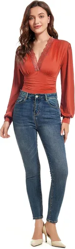 Vista 6 de LYANER Body de manga larga abombada con cuello en V y ribete de encaje para mujer
