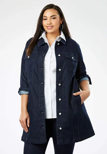 Vista 5 de Jessica London Chaqueta de mezclilla larga para mujer, talla grande, longitud tipo túnica