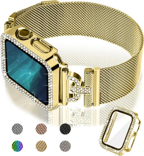 Vista 10 de JOYOZY - Correa magnética compatible con Apple Watch de 38 mm 40 mm 41 mm 42 mm 44 mm 45 mm 46 mm, correa Milanese con brillo de purpurina Negro