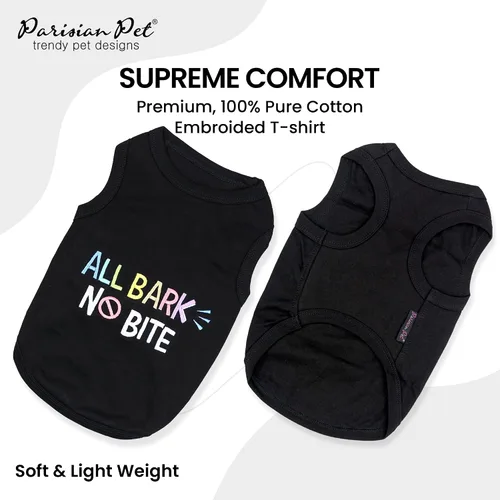 Vista 2 de Parisian Pet Camiseta para perro – Bordado 'All Bark No Bite ' 100% algodón, ropa para perros – Chaleco sin mangas para mascotas – Camisas lavables
