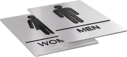 Vista 3 de Letreros unisex de baño, letrero de baño para negocios, para hombres y mujeres, 9 x 6 pulgadas, compatible con la ADA con Braille, adhesivos fuertes
