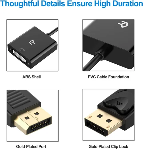 Vista 3 de Rankie Adaptador DP a DVI, convertidor DisplayPort a DVI macho a hembra chapado en oro (negro)