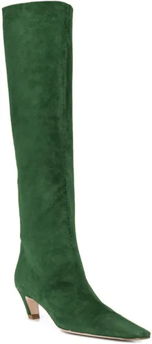 Vista 3 de MOOMMO Botas altas de tacón de gatito sobre la rodilla para mujer, punta cuadrada, de cuero mate, de meter de pantorrilla ancha, plisadas, tacón