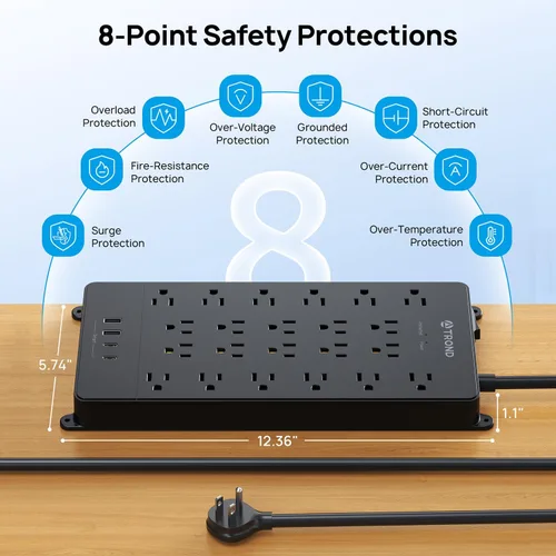 Vista 7 de TROND Regleta protectora de sobretensiones, cable de extensión de enchufe plano de 5 pies con múltiples tomas, 22 CA ampliamente espaciados
