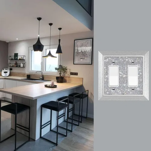 Vista 3 de Cubierta de interruptor de luz con diamantes de imitación plateados brillantes, cubiertas de enchufe de pared, placa decorativa de pared, enchufes