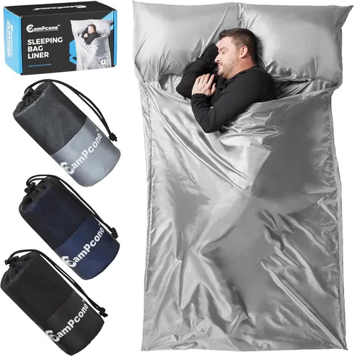 Vista 8 de Forro de saco de dormir sedoso para clima frío/cálido, sábanas de viaje XL para hotel de 85 x 52 pulgadas, saco de dormir ligero con cremallera