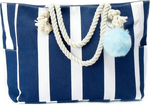 Vista 3 de Bolso de hombro grande de lona - Bolso de playa con asas de cuerda de algodón y lindo pompón, AzulBlanco