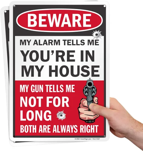 Vista 7 de SmartSign Paquete de 2 letreros divertidos con texto en inglés "Beware - My Alarm Tells You Are In My House" de 14 x 10 pulgadas con gráfico