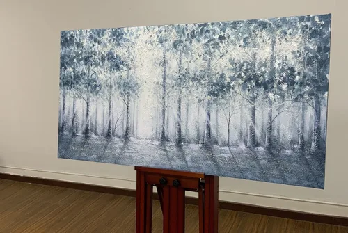 Vista 3 de V-inspire arte, 24x48 pulgadas moderno impresionista árbol arte 100% pintado a mano lienzo arte de la pared pintura al óleo grande azul gris
