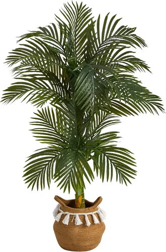 Vista 7 de Nearly Natural Palmera artificial de caña dorada de 3 pies con cesta de yute y algodón hecha a mano con borlas, kit de bricolaje