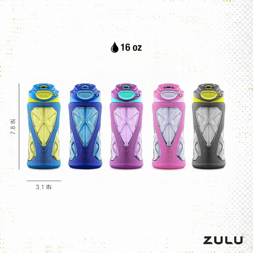 Vista 4 de Botella de agua para niños Zulu, acero inoxidable, con tapa y popote, 12 onzas Azul