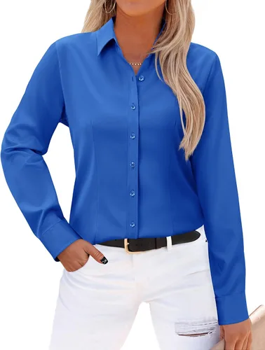 Vista 26 de Gleeivy - Camisas abotonadas para mujer, sin arrugas, de manga larga, camisas de vestir casuales con cuello V, ajustadas, de un solo