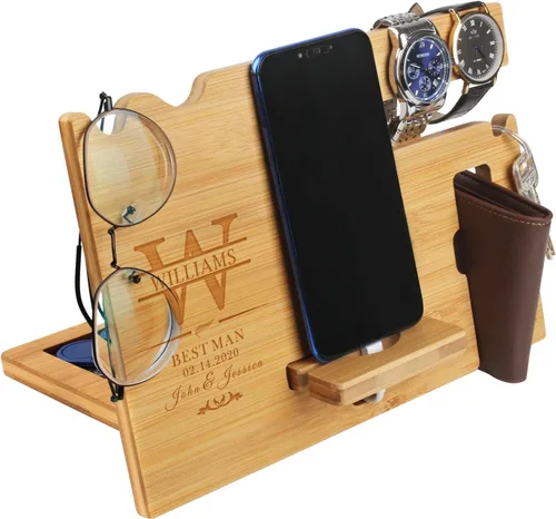 Vista 7 de Regalos para hombres – Estación de acoplamiento de madera personalizada – Organizador de mesita de noche grabado con soporte para teléfono, soporte